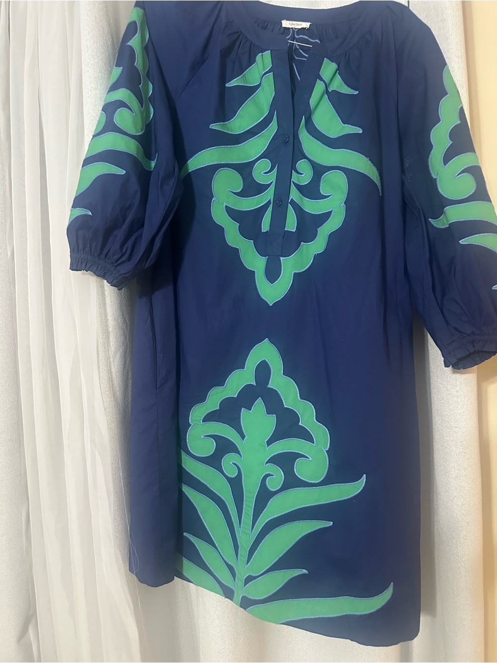 Tyler Boe Navy Dress with Green Scroll Motif